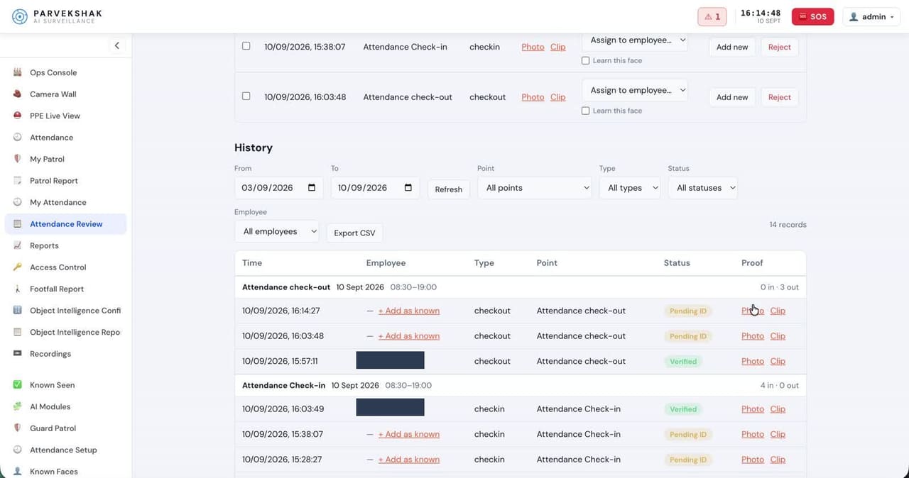 The attendance review screen: check-in and check-out records with verified and pending-ID statuses, and photo and clip evidence per row; employee names redacted