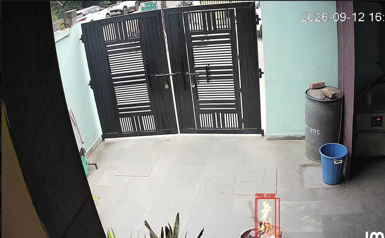Flame detected at ground level near a gate, boxed and labelled FIRE by the detector