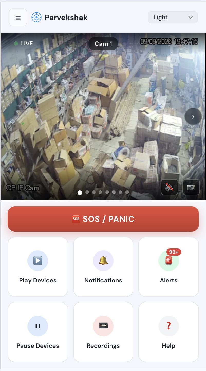 The Parvekshak mobile app showing a live camera view, an SOS/panic button, and tiles for devices, notifications, alerts and recordings