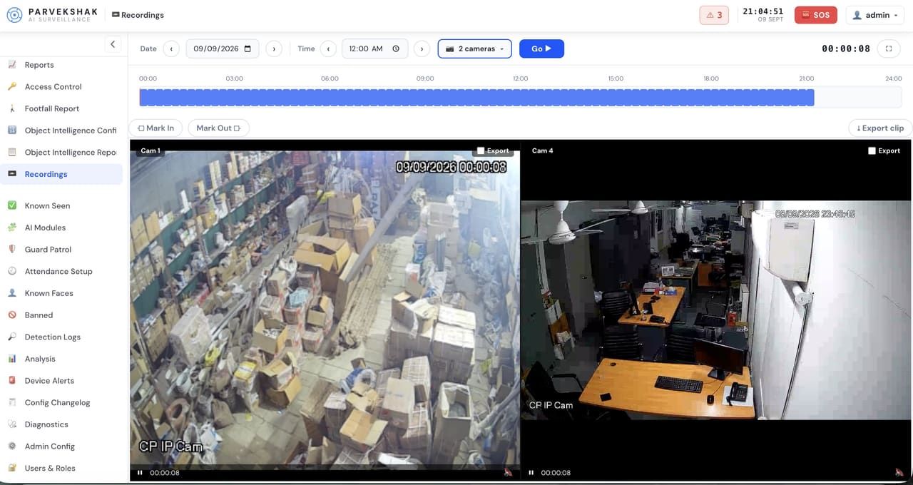 The recordings screen: a 24-hour timeline with two camera views, mark-in and mark-out controls and clip export